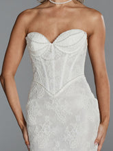Load image into Gallery viewer, Bardot by Evie Young – strapless lace fit-and-flare wedding dress with basque wasit and pearl draping.