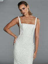 Load image into Gallery viewer, Holden wedding gown in ivory cotton lace overlay with sleek fit and flare silhouette