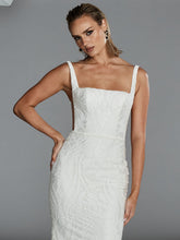 Load image into Gallery viewer, Holden wedding gown in ivory cotton lace overlay with sleek fit and flare silhouette
