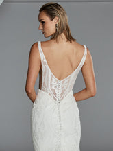 Load image into Gallery viewer, Back view of Holden wedding gown with illusion V-back and Basque waistline
