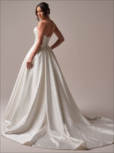 Load image into Gallery viewer, Back view of Maureen wedding dress with satin-covered buttons and sweeping train – Aurelle Bridal