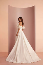 Load image into Gallery viewer, Primrose by Ariamo - mat satin A-line wedding dress back view with strapless emi-sweetheart neckline and detachable floral straps