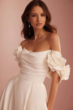 Load image into Gallery viewer, Primrose by Ariamo L402 mat satin A-line wedding dress front view close up with strapless emi-sweetheart neckline and detachable floral straps