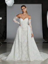 Load image into Gallery viewer, Bardot by Evie Young – strapless lace fit-and-flare wedding dress with sweetheart neckline, detachable overskirt and detachable sleeves
