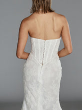 Load image into Gallery viewer, Bardot by Evie Young – strapless lace fit-and-flare wedding dress with pearl button details and basque wasit.
