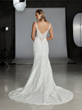 Load image into Gallery viewer, Back view of Holden wedding gown with illusion V-back and Basque waistline

