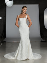 Load image into Gallery viewer, Holden wedding gown in ivory cotton lace overlay with sleek fit and flare silhouette
