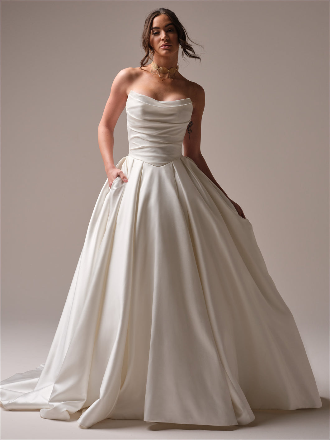 Maureen classic satin ruched ballgown wedding dress, cat-eye neckline, full skirt, front view – Aurelle Bridal