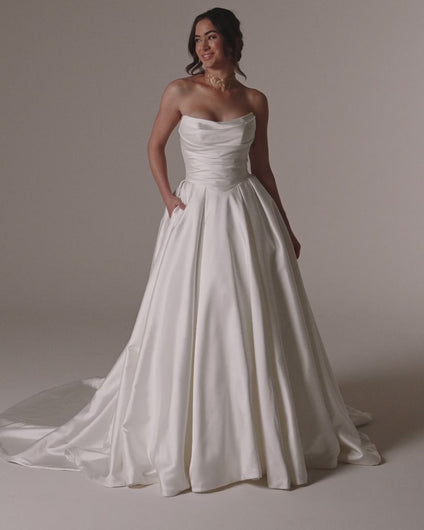 Maureen satin ballgown wedding dress in motion with flowing train and classic silhouette – Aurelle Bridal