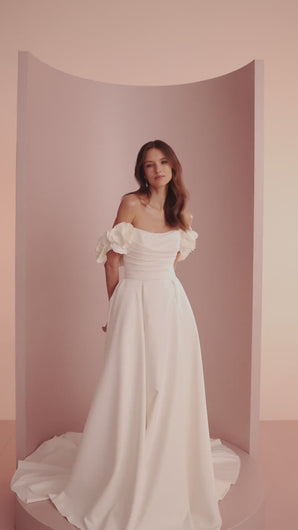 Primrose by Ariamo L402 mat satin A-line wedding dress video with strapless emi-sweetheart neckline and detachable floral straps